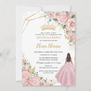 Invitation Blush Rose Floral Princess Gold Quinceanera 15 XV