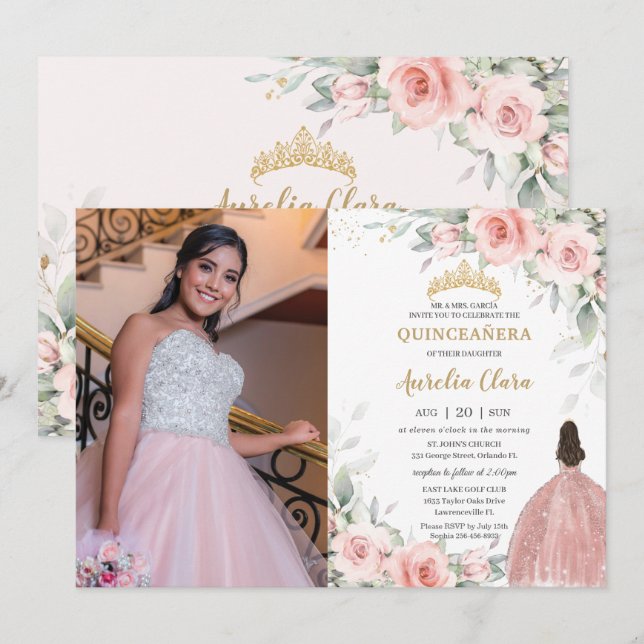 Invitation Blush rose Floral Princess Rose Gold Quinceañera (Devant / Derrière)