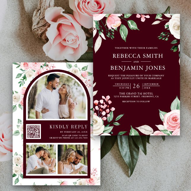 Invitation Blush rose Floral QR Code Bourgogne Mariage (Créateur téléchargé)
