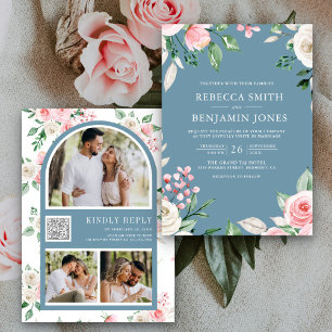 Invitation Blush rose Floral QR Code Dusty Blue Mariage