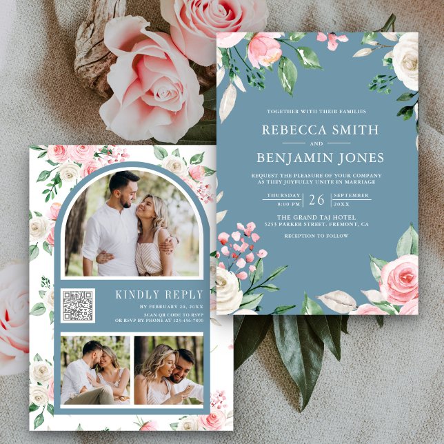 Invitation Blush rose Floral QR Code Dusty Blue Mariage (Créateur téléchargé)