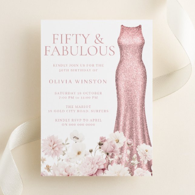 Invitation Blush rose Floral & Robe 50e fête d'anniversaire (Créateur téléchargé)