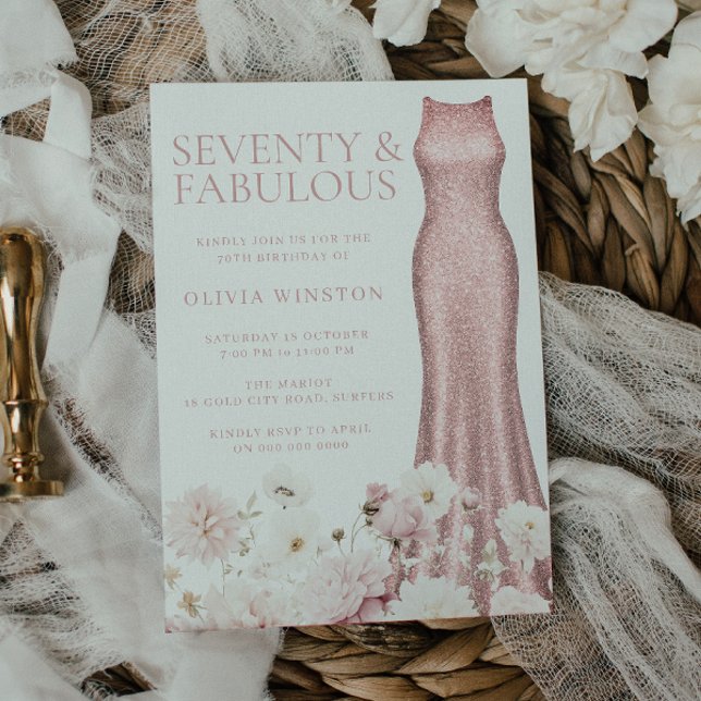 Invitation Blush rose Floral & Robe 70e fête d'anniversaire (Créateur téléchargé)