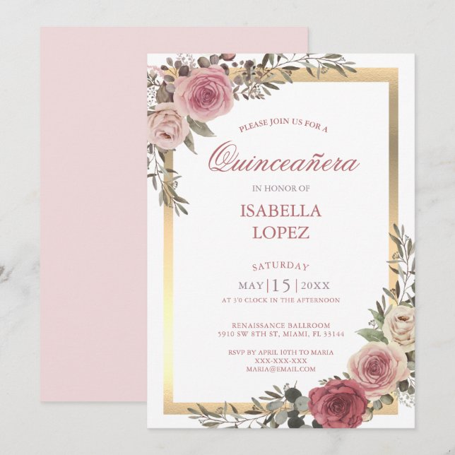 Invitation Blush rose Floral Rose Or Quinceañera (Devant / Derrière)
