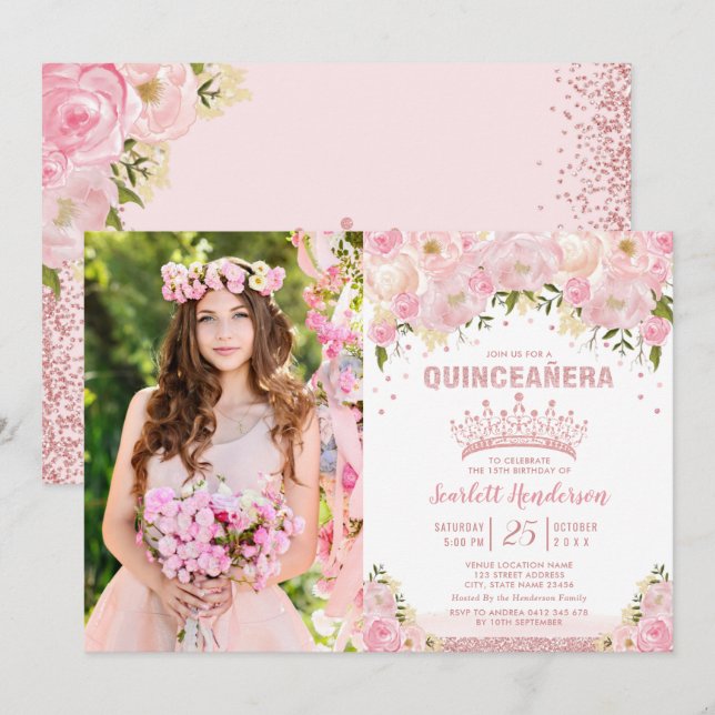 Invitation Blush rose Floral Rose Or Quinceañera Anniversaire (Devant / Derrière)