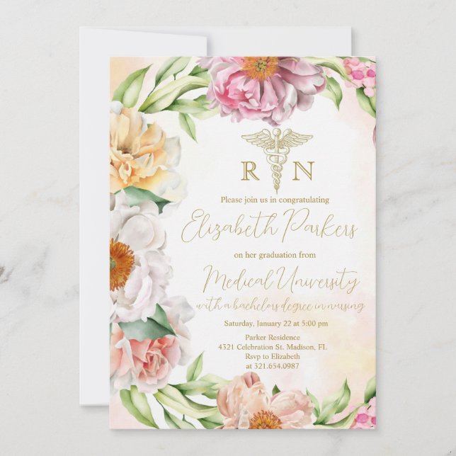 Invitation Blush Rose Floral Soins de fin d'études (Devant)