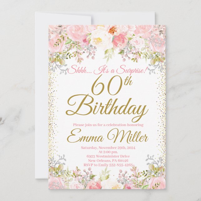Invitation Blush Rose Floral Surprise 60e anniversaire (Devant)