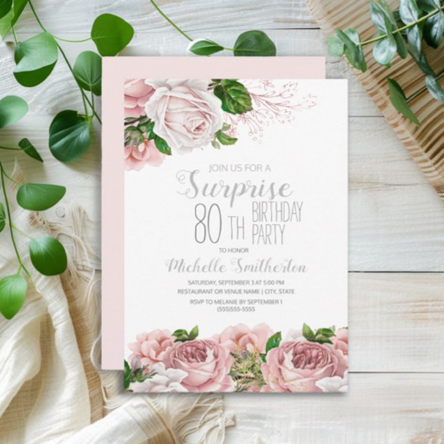 Invitation Blush Rose Floral Surprise 80e anniversaire (Blush pink vintage floral surprise 80th birthday party invitation)