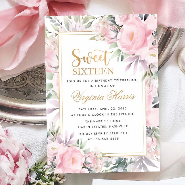 Invitation Blush Rose Floral Sweet sixteen 16 Anniversaire (Créateur téléchargé)
