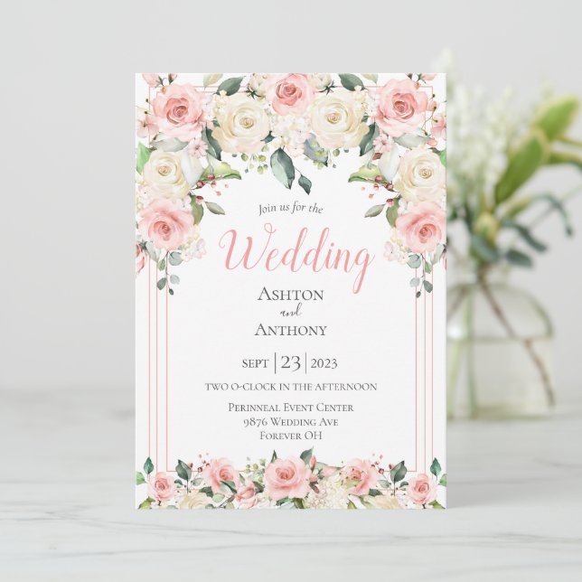 Invitation Blush Rose Floral Typographie végétale  (Debout devant)