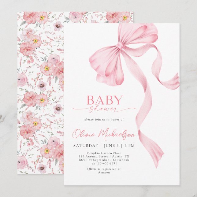 Invitation Blush Rose Girl Ribbon Bow Coquette Baby shower (Devant / Derrière)