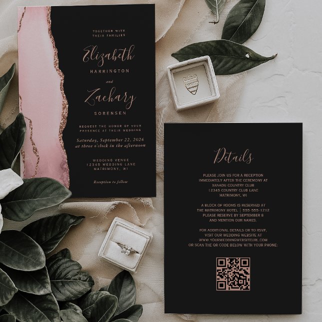 Invitation Blush Rose Gold Agate Dark QR Code Wedding (Créateur téléchargé)