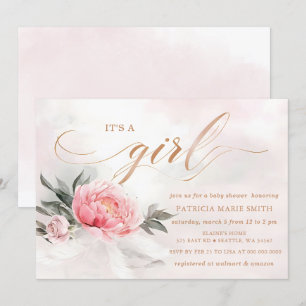Invitation Blush Rose Gold C'est une fille Baby shower floral