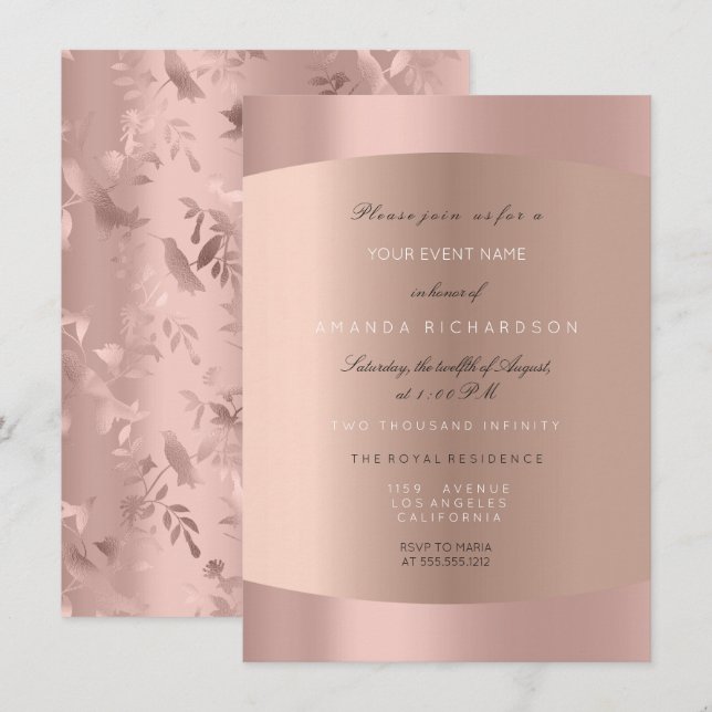 Invitation Blush Rose Gold Élégant Fleur de colibri Formel (Devant / Derrière)