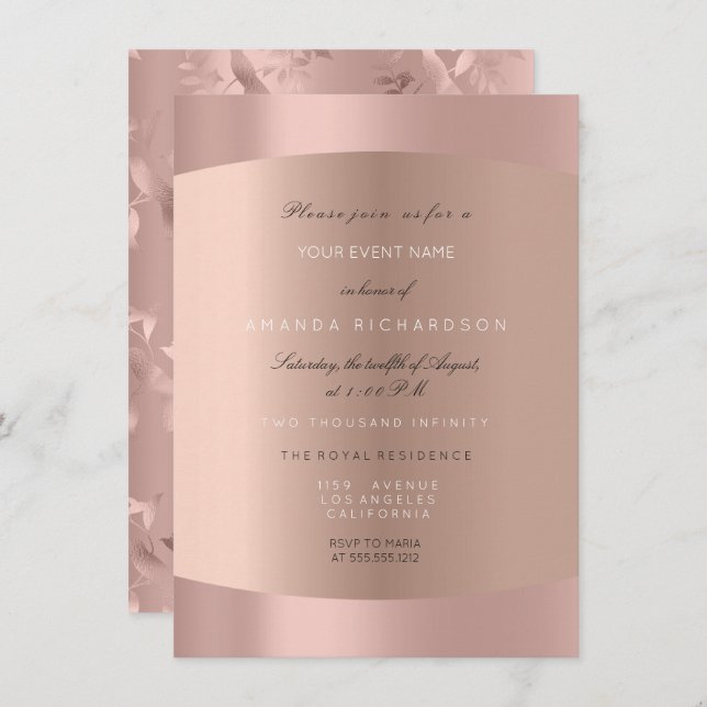 Invitation Blush Rose Gold Élégant Oiseau-mouche Floral Forme (Devant / Derrière)