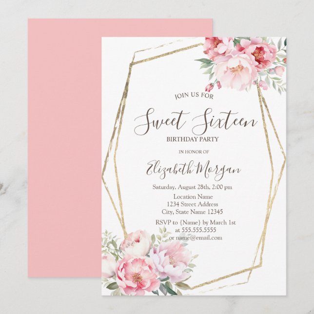 Invitation Blush Rose Gold Frame Sweet 16 (Devant / Derrière)
