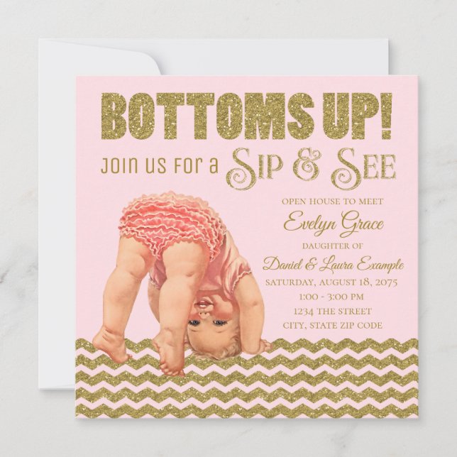 Invitation Blush Rose Gold Girls Sip et voir l'invitation (Devant)