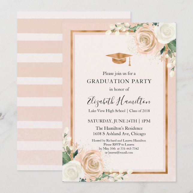 Invitation Blush & Rose Gold Modern Floral Graduation Party (Devant / Derrière)