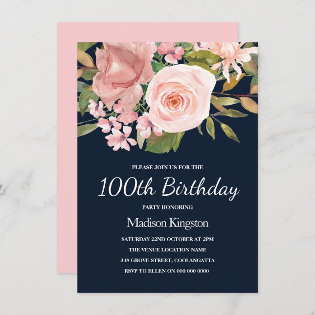 Invitation Blush & Rose Gold Navy 100e anniversaire Invitatio (Devant / Derrière)