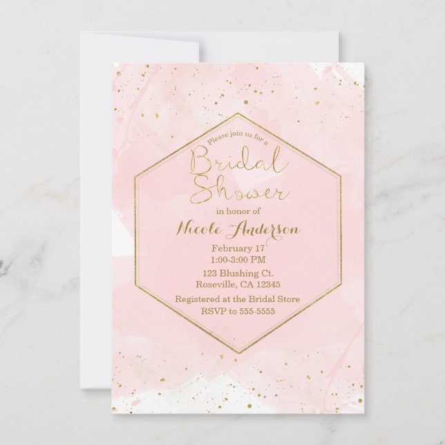 Invitation Blush rose & Gold Splatter Fête des mariées modern (Devant)