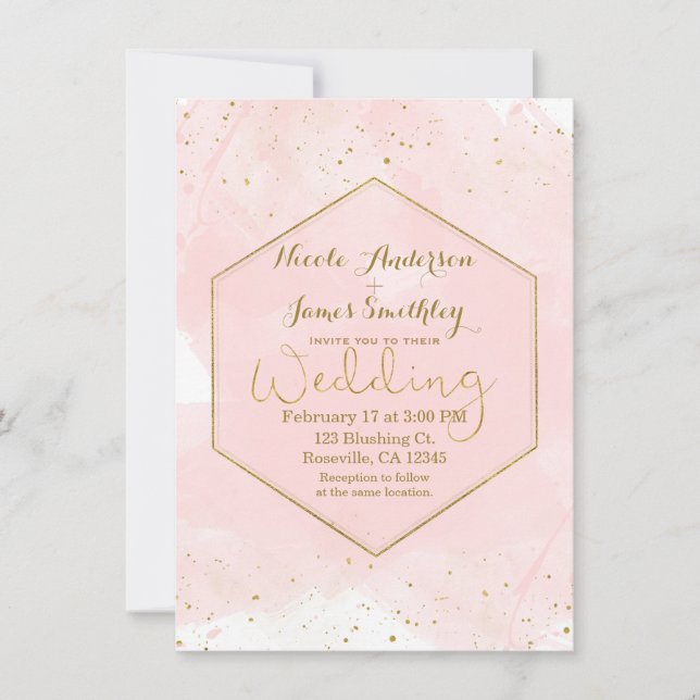 Invitation Blush rose & Gold Splatter Mariage moderne (Devant)
