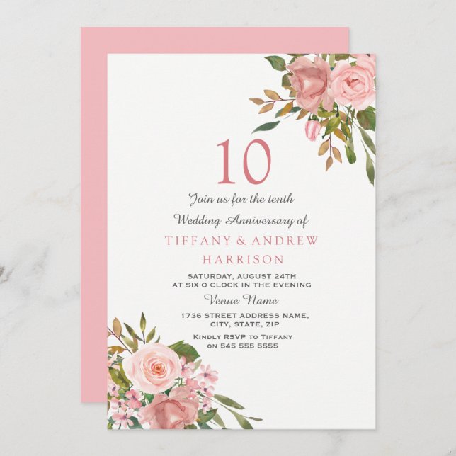 Invitation Blush Rose Gold White 10e anniversaire Mariage (Devant / Derrière)