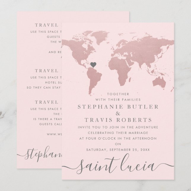 Invitation Blush Rose Gold World Map Mariage de thème de voya (Devant / Derrière)