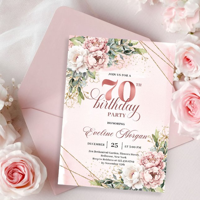 Invitation Blush rose Joyeux Anniversaire 70 ans scintillant  (Joyful Blush Pink Shimmering Floral 70th Birthday Invitation)