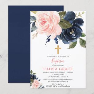 Invitation Blush rose marine bleu floral fille baptême