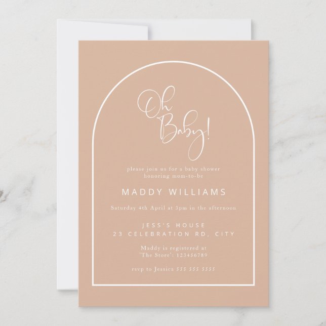 Invitation Blush Rose Minimaliste Écriture Arc Oh Baby Shower (Devant)