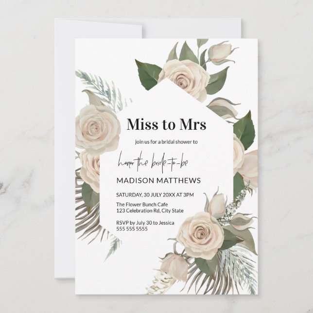 Invitation Blush rose Miss à Mme Rose Floral Fête des mariées (Devant)
