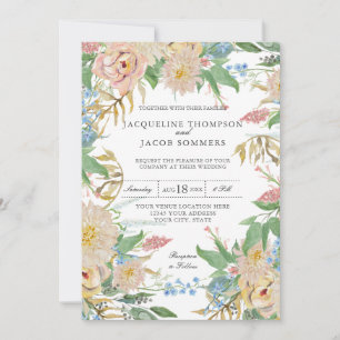 Invitation Blush Rose Mums Gold Folial Floral Aquarelle Art