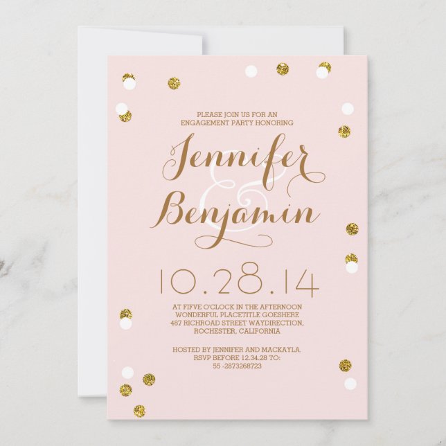 Invitation Blush rose & or confetti parti d'engagement modern (Devant)