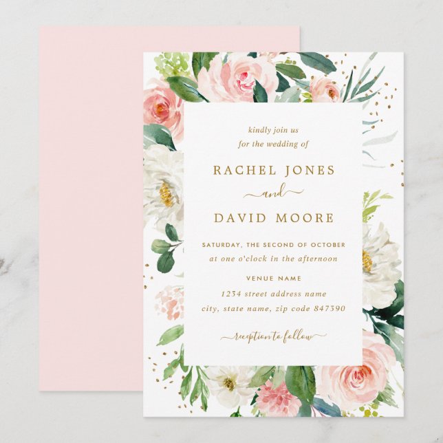 Invitation Blush Rose or Floral Aquarelle Mariage Inviter (Devant / Derrière)
