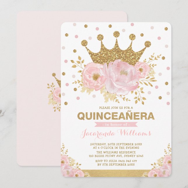 Invitation Blush Rose or Floral Couronne Princesse Quinceañer (Devant / Derrière)