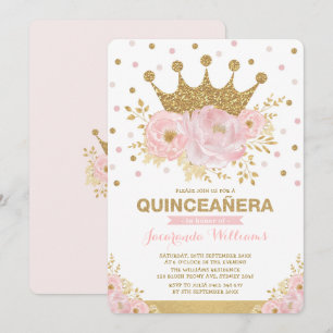 Invitation Blush Rose or Floral Couronne Princesse Quinceañer