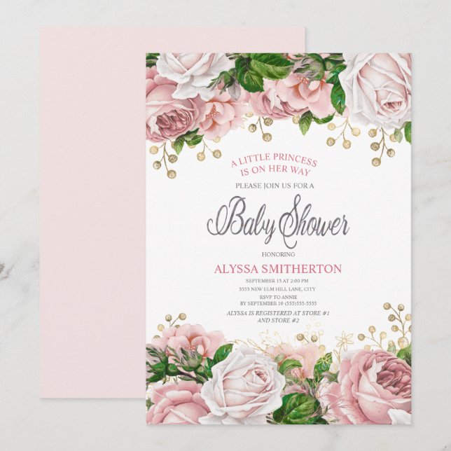 Invitation Blush Rose or Floral petit Baby shower fille (Devant / Derrière)