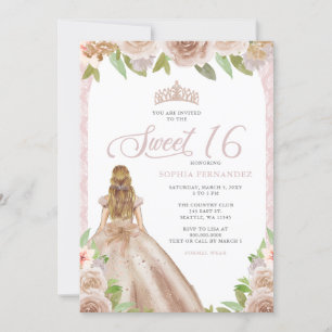 Invitation Blush Rose or Floral Princesse Tiara Sweet 16