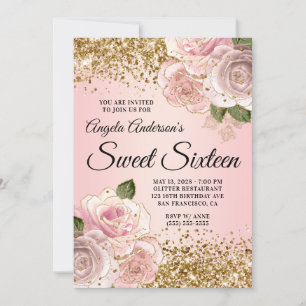 Invitation Blush Rose Pailleté Or Fleurs Glam Douze Ans Sucré