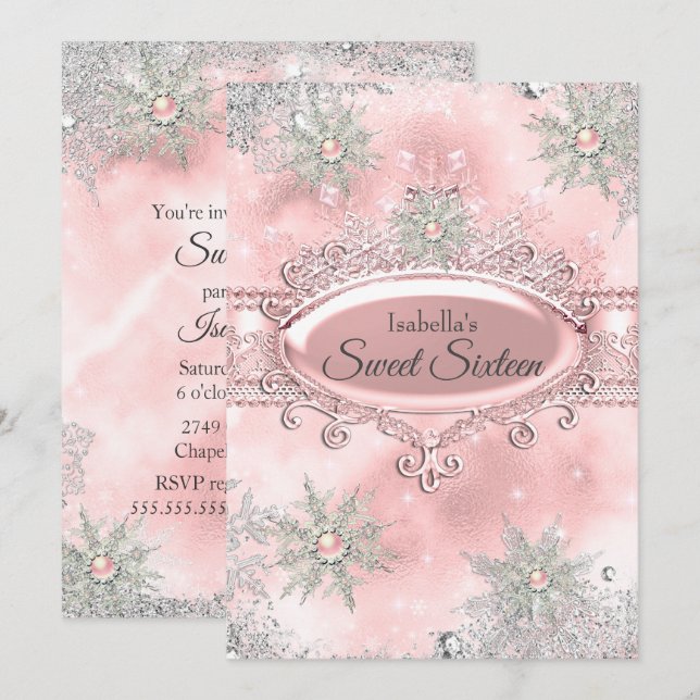 Invitation Blush Rose Princess Winter Wonderland Sweet 16 (Devant / Derrière)