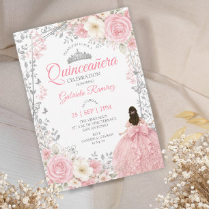 Invitation Blush Rose Quinceañera Papillons Argentés