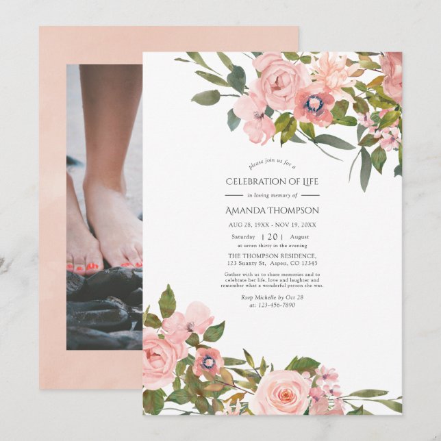 Invitation Blush Rose & Rose Gold Floral Célébration de la vi (Devant / Derrière)