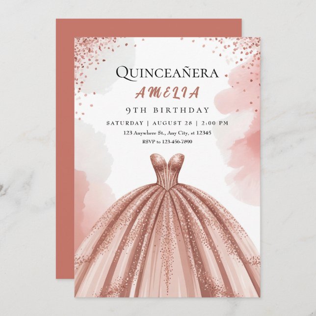 Invitation Blush Rose & Rose Gold Princess Anniversaire (Devant / Derrière)