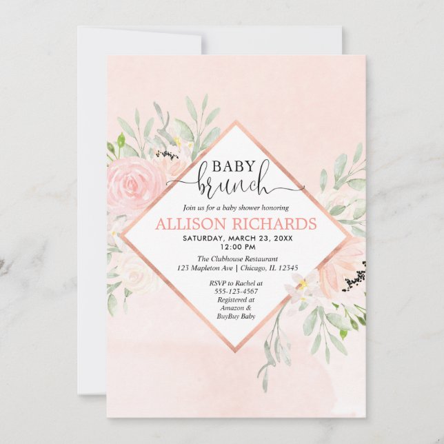 Invitation Blush rose rose rose or floral fille brunch bébé (Devant)