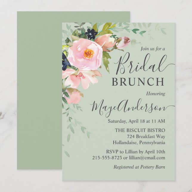 Invitation Blush Rose & Sage Green Floral Bridal Brunch (Devant / Derrière)