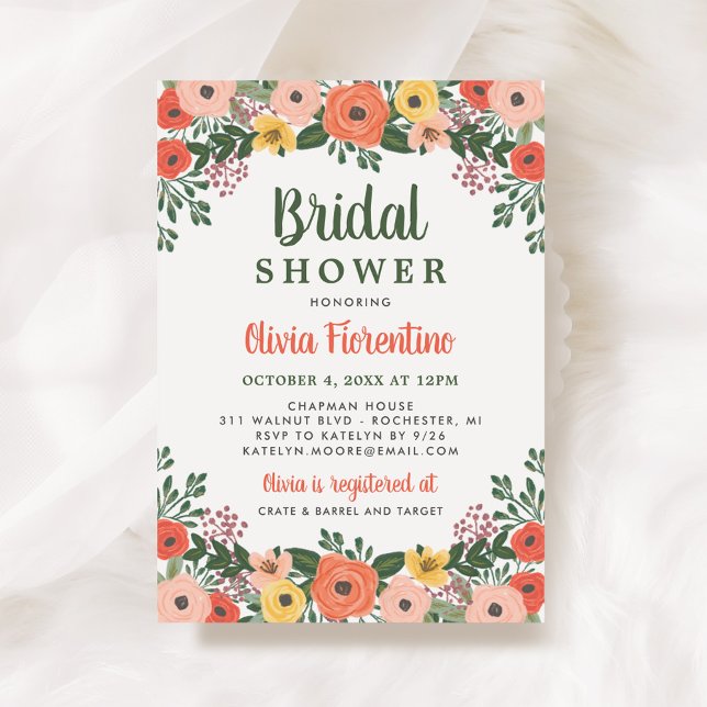 Invitation Blush Whimsical et Fête des mariées Florale Orange (Créateur téléchargé)