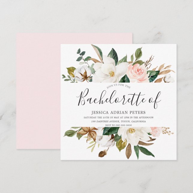 Invitation Blush & White Belle Fleurs Bachelorette Party (Devant / Derrière)