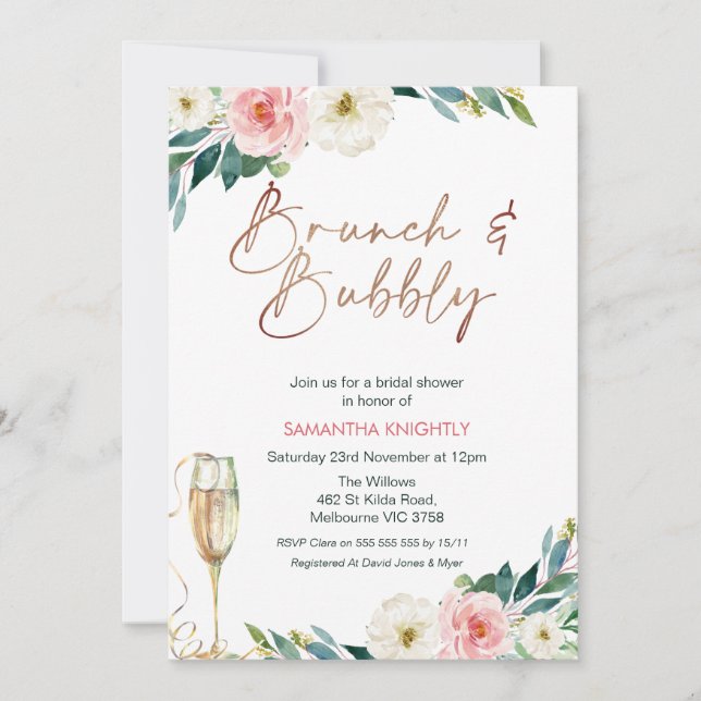 Invitation Blush White Floral Bridal & Bubbly Fête des mariée (Devant)
