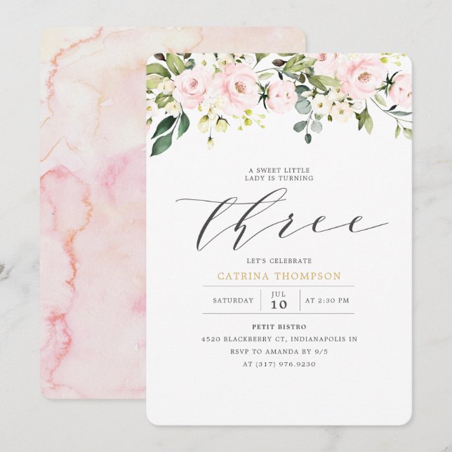 Invitation Blush White Floral & Eucalyptus Girl 3e anniversai (Devant / Derrière)