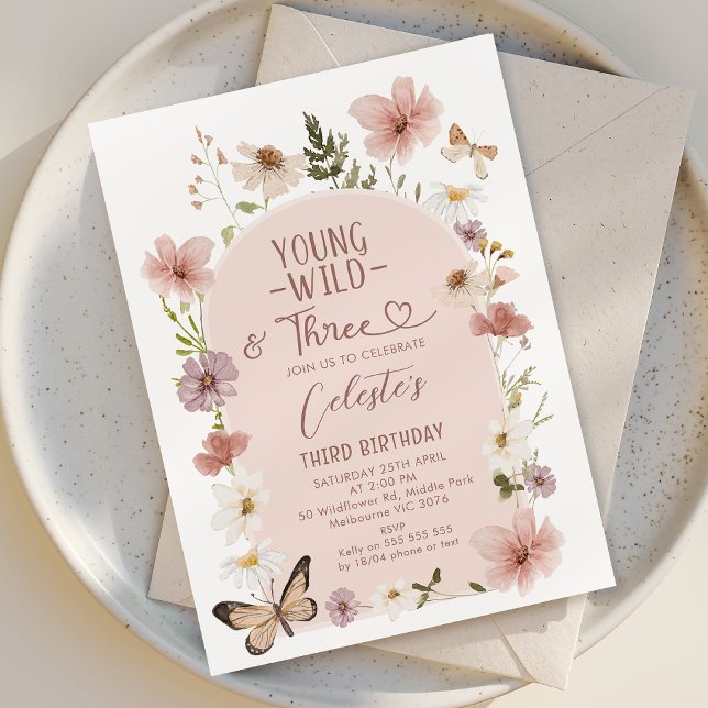 Invitation Blush Wildflower Young Wild Three 3rd Birthday  (Young, Wild and Three Birthday Invitation Wildflowers, Wildflowers 3rd Birthday Invitation Template)